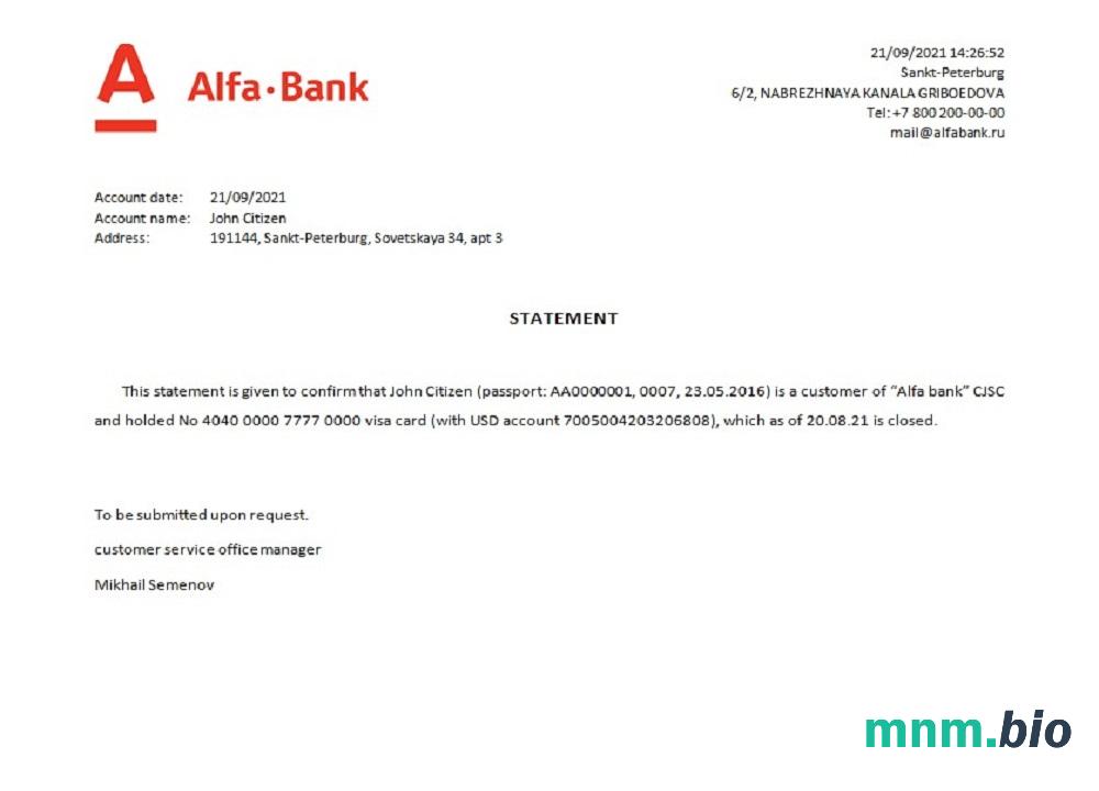 Przykład zamknięcia Banku Alfa w Rosji w formatach Word i PDF